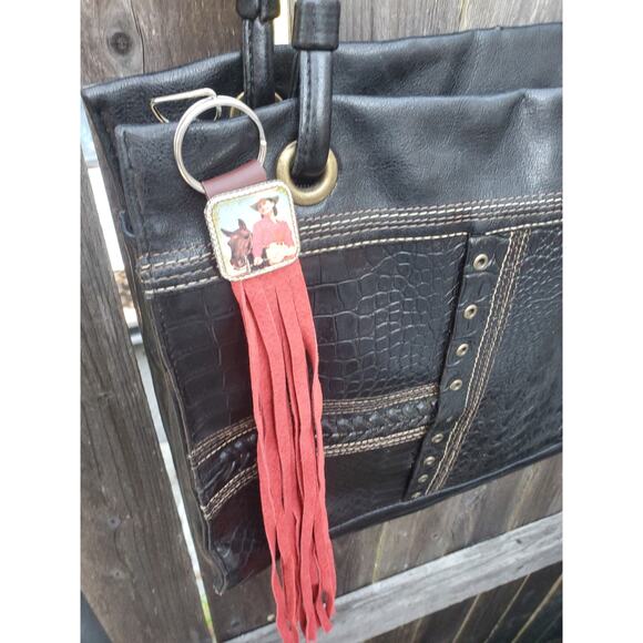 Handmade boho Leather Fringe Western bag charm, Long keychain purse charms - Picture 3 of 4
